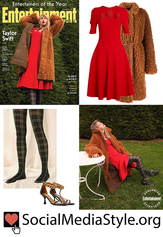 Taylor Swift's teddy coat, red dress, plaid tights, and chain sandals from Entertainment Weekly Taylor Swift's teddy coat, red dress, plaid tights, and chain sandals from Entertainment Weekly