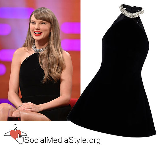 Taylor Swift's black velvet crystal-embellished halterneck dress from The Graham Norton Show Taylor Swift's black velvet crystal-embellished halterneck dress from The Graham Norton Show