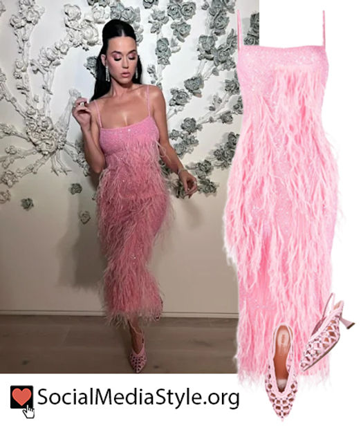 Katy Perry's pink beaded feather dress and crystal sandals Katy Perry's pink beaded feather dress and crystal sandals