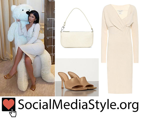 Kylie Jenner's off-white knit dress and bag and brown mules from Malika's baby shower Kylie Jenner's off-white knit dress and bag and brown mules from Malika's baby shower
