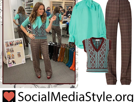 Drew Barrymore's turquoise blouse, sweater vest, and brown check pants from The Drew Barrymore Show