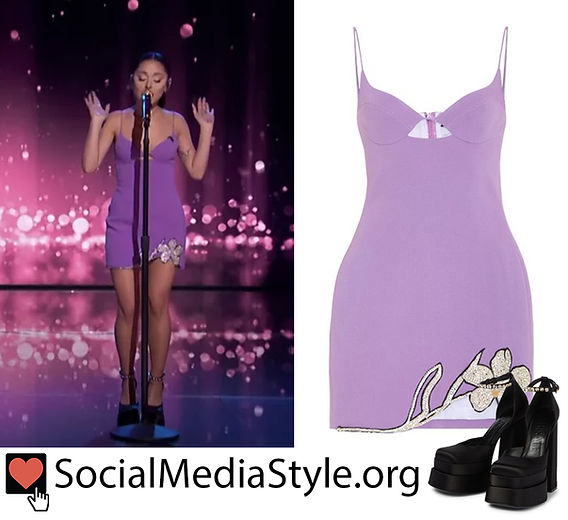 Ariana Grande's purple floral applique embellished dress and black platform pumps Ariana Grande's purple floral applique embellished dress and black platform pumps