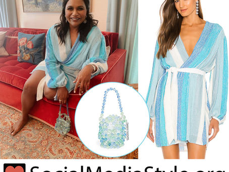 Mindy Kaling's striped sequin wrap dress and beaded evening bag