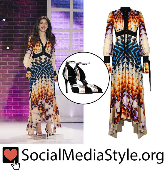 Anne Hathaway's geometric print dress and sandals from The Kelly Clarkson Show Anne Hathaway's geometric print dress and sandals from The Kelly Clarkson Show