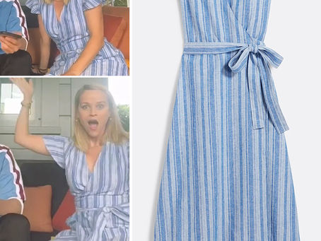 Reese Witherspoon's Draper James striped blue linen wrap dress