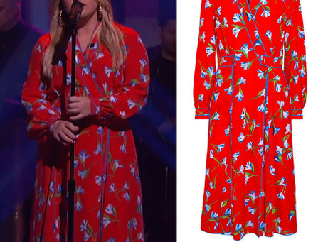 Kelly Clarkson's red floral print dress from The Kelly Clarkson Show