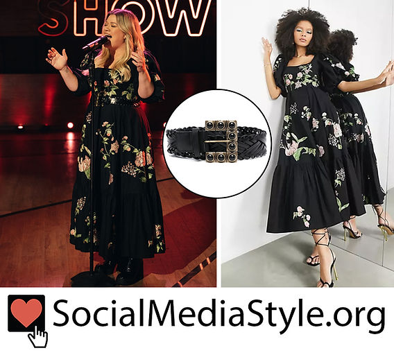 Kelly Clarkson's black floral print dress and belt from The Kelly Clarkson Show Kelly Clarkson's black floral print dress and belt from The Kelly Clarkson Show
