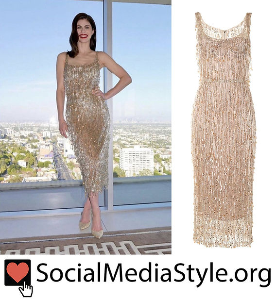 Alexandra Daddario's gold beaded fringe dress from the LA premiere of "The White Lotus" Alexandra Daddario's gold beaded fringe dress from the LA premiere of "The White Lotus"