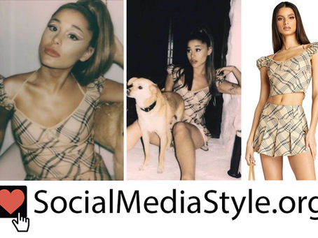 Ariana Grande's camel plaid cold shoulder top and skirt