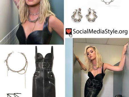 Katy Perry's leather dress, chain accessories, and lace up sandals from American Idol