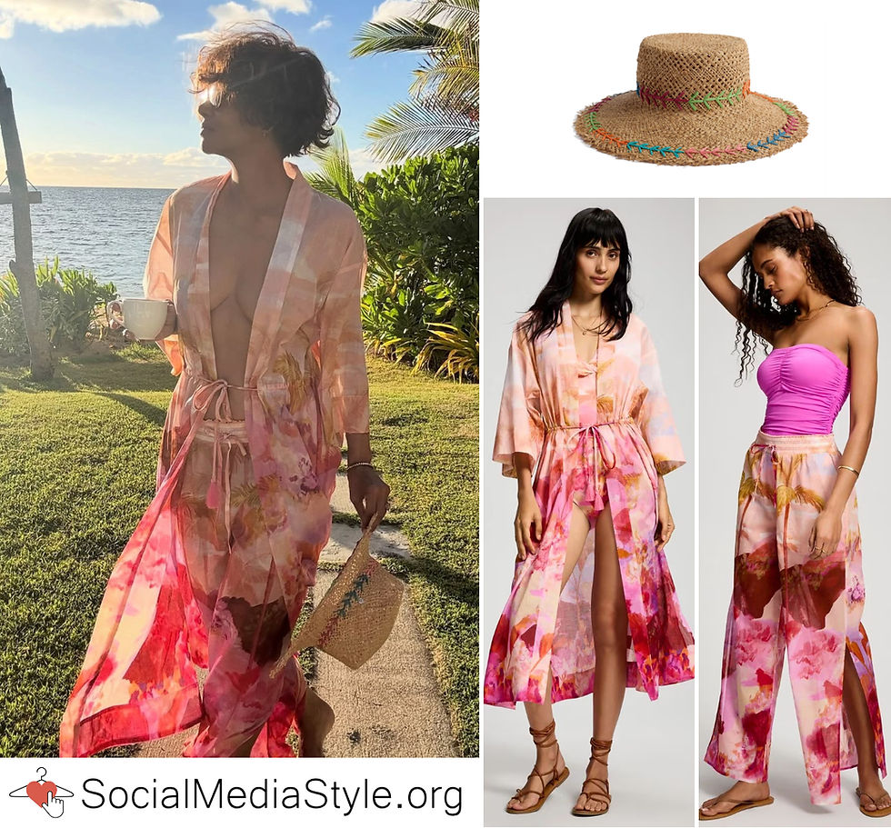Halle Berry's embroidered straw cat and pink palm print coverup and pants