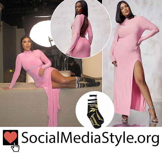 Kourtney Kardashian's pink Boohoo maxi dress and Vetements print socks