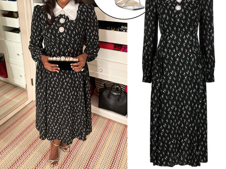 Mindy Kaling's black floral print collar dress and silver sandals