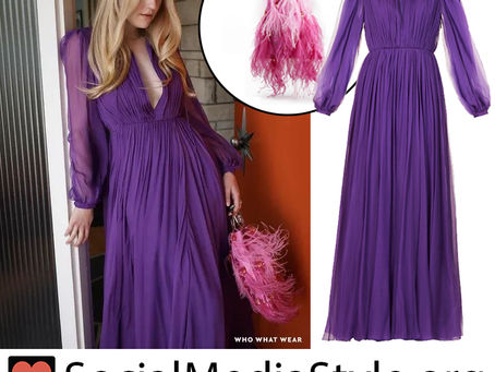Dakota Fanning's purple dress and pink feather bag from Who What Wear