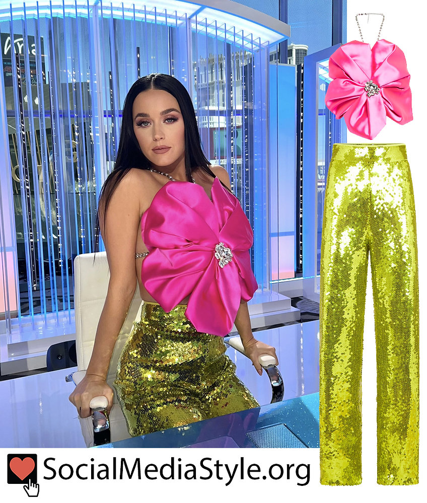 Katy Perry's crystal embellished pink satin flower halter top and sequin pants from American Idol