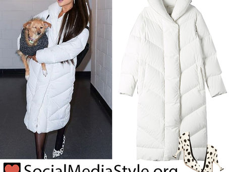 Ariana Grande’s white puffer coat and dalmatian-print pumps