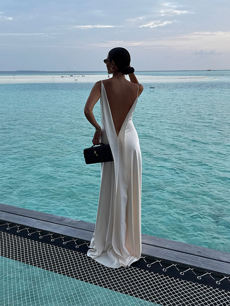 Thumbnail: Women's Elegant Satin V Neck Long Dress Sleeveless Backless High Fork Robes Vaca