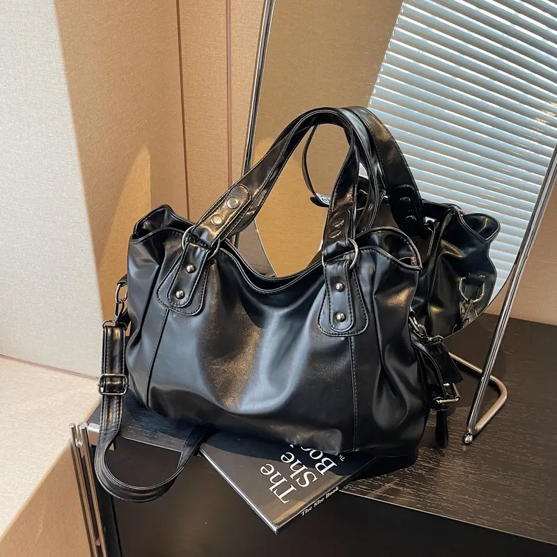 Large Capacity PU Shoulder Bag Rivet Buckle Thread Solid Casual Tote Crossbody B