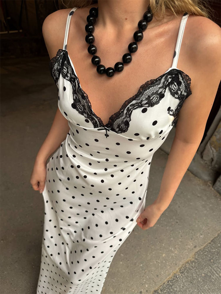 Lace V-Neck Patchwork Maxi Dress Women Backless High Waist Slim Spaghetti Contra