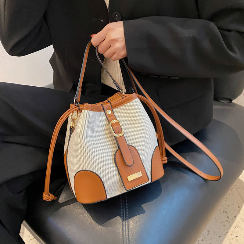 Women Fashion Bucket Bag New 2025 Trendy Single-shoulder Bag with Canvas Patchwo