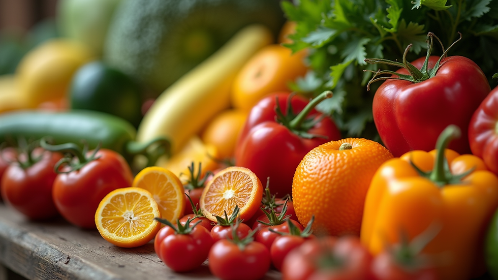 Close-up view of a colorful assortment of fresh fruits and vegetables