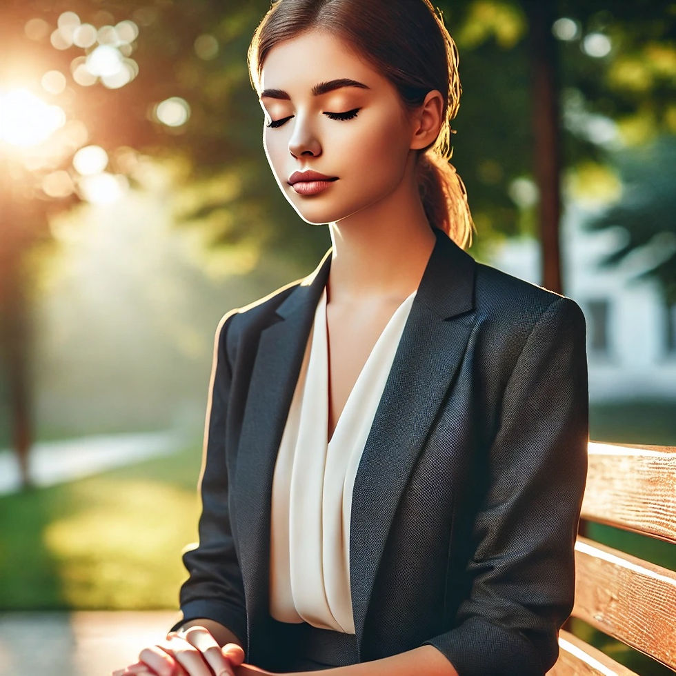 目を閉じてベンチに座り、静かな公園でリラックスしている若い女性社会人。彼女はビジネススーツを着ており、キャリアの選択や自己成長について考える姿が見られる。背景の木々と柔らかな日差しは、コーチングを通じた内面的な成長や、退職代行による新たなスタート、起業を通じて得られる自由を象徴している。