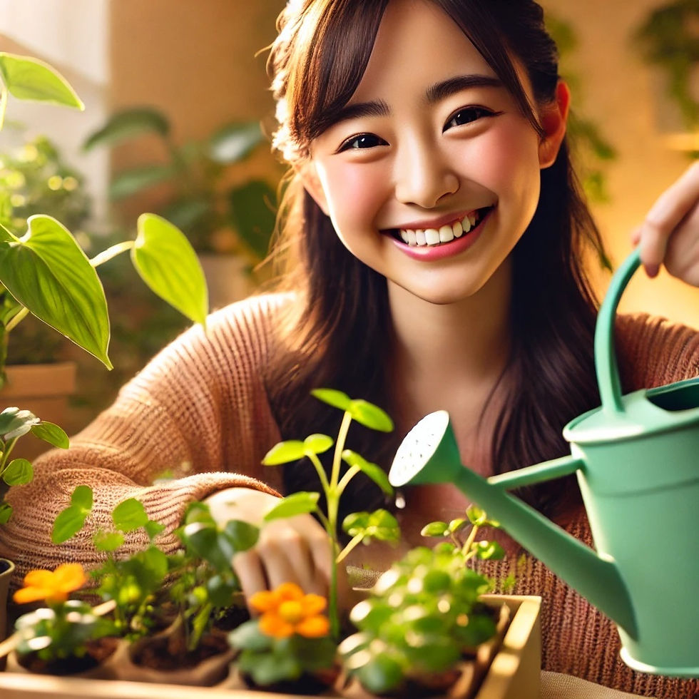 女性が植物を育てて笑顔を見せている場面。彼女は室内の小さな庭で植物に水をやり、周囲には緑の葉や色とりどりの花が咲いている。このシーンは成長と育成を象徴し、コーチングや起業を通じて個人が成功を育む喜びを表現している。退職代行やキャリアの転換にも関連するポジティブなエネルギーが感じられる。