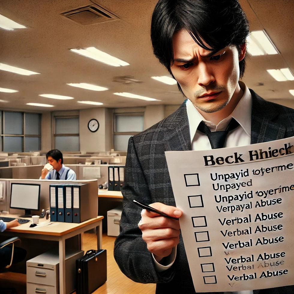 「サービス残業」「暴言」などブラック企業の項目がチェックリストにあり、心配そうにチェックしているオフィスワーカー。