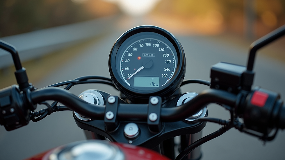 Close-up view of a motorcycle dashboard with speedometer and controls