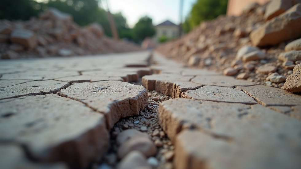 Close-up view of a home foundation with visible cracks after an earthquake