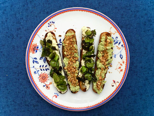 Lia’s Kitchen crisp mint broad beans with Feta mash on Crostini