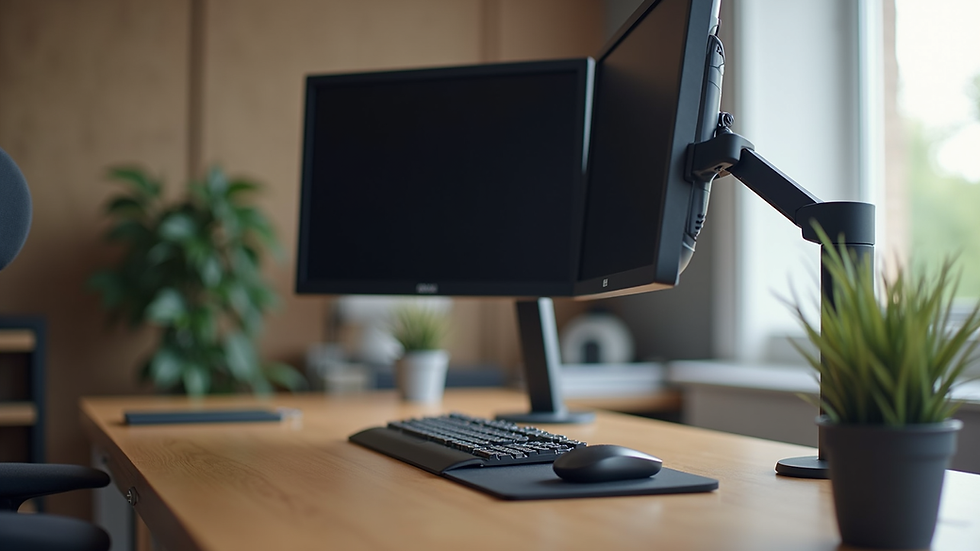 Eye-level view of ergonomic standing desk setup with adjustable monitor and keyboard