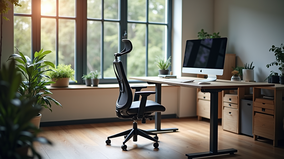 High angle view of ergonomic office setup with standing desk and ergonomic chair