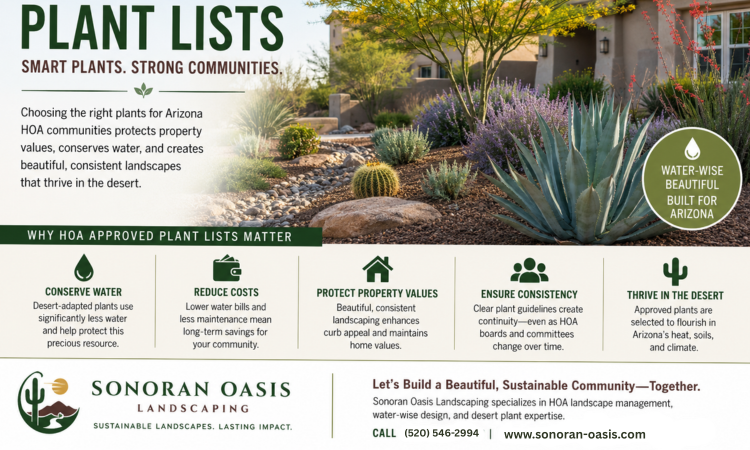 Plant Lists promotion with desert garden image, highlighting benefits of HOA-approved plant lists. Includes Sonoran Oasis Landscaping details at bottom.