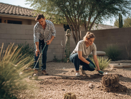 Couple working in their desert landscaped yard