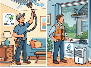 Split screen of workers getting home ready for monsoon season