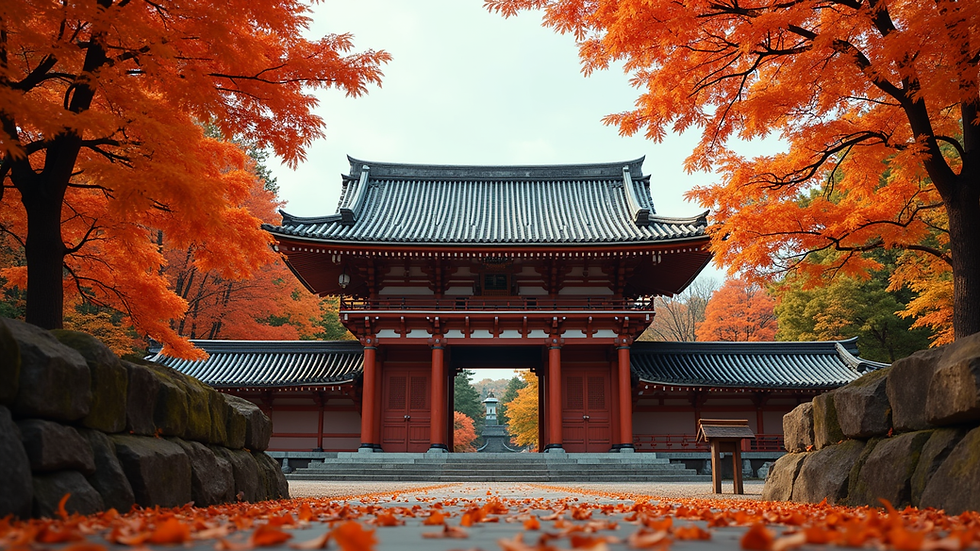 Eye-level view of a traditional Japanese temple surrounded by autumn leaves