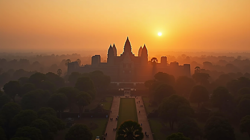 High angle view of Angkor Wat temple complex at sunrise