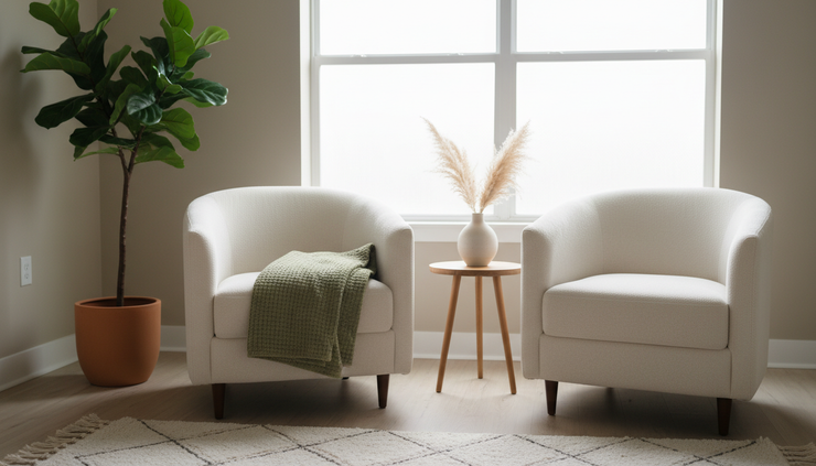 Wide-angle view of a calm treatment room with two chairs and a plant.