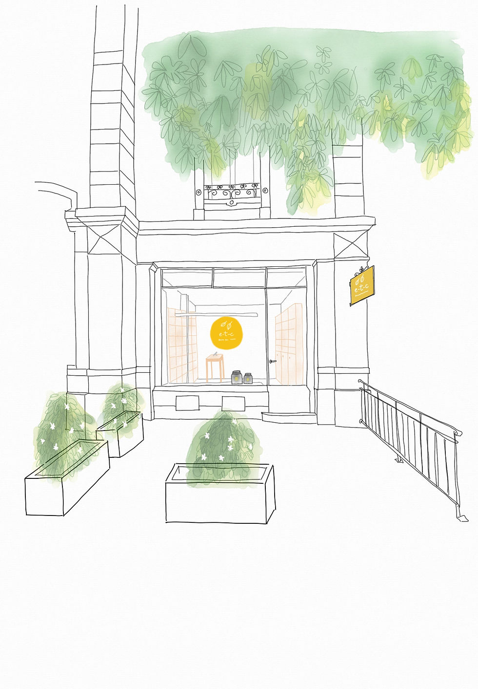 Esquisse à la main de la vitrine et des enseignes