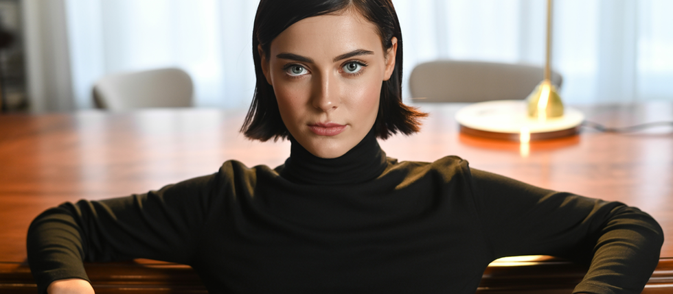 Mulher jovem com cabelo curto e escuro veste blusa preta de gola alta e olha diretamente para a câmera com expressão séria e confiante. Ela está sentada à frente de uma mesa de madeira, com os braços apoiados na mesa. Ao fundo, há uma luminária de mesa acesa e cortinas brancas translúcidas. A cena transmite foco, postura firme e introspecção.