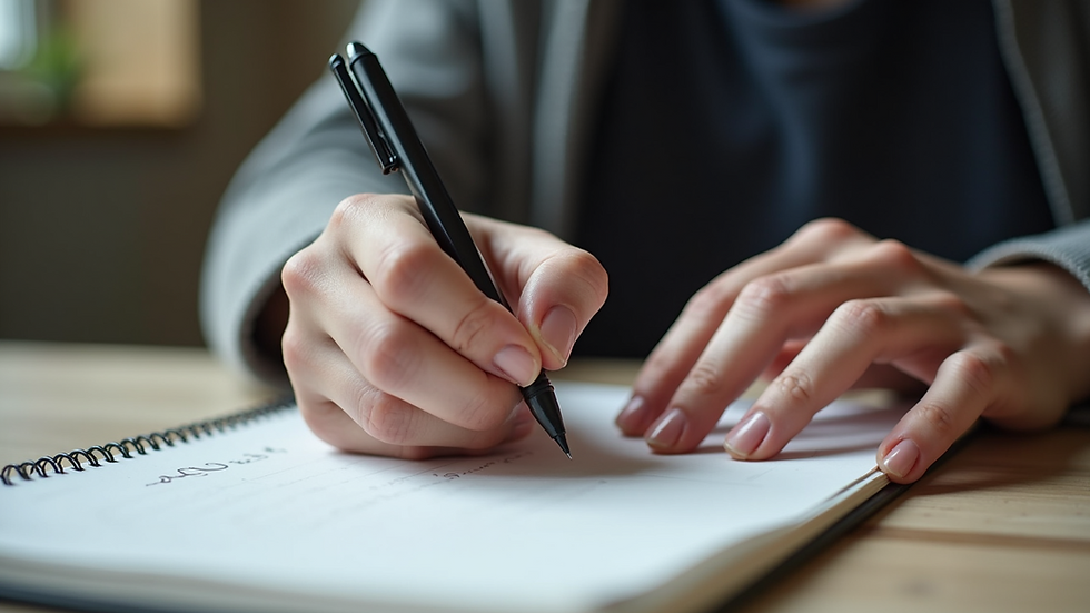 Eye-level view of a person writing goals in a notebook