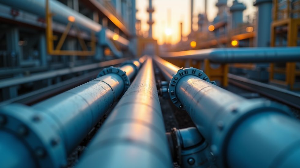 Close-up view of refinery pipeline system during pre-commissioning inspection