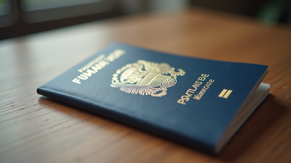 Close-up view of a European passport and work visa on a wooden table