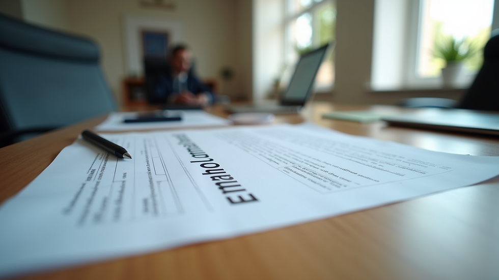 Eye-level view of a modern office desk with employment contracts and a laptop