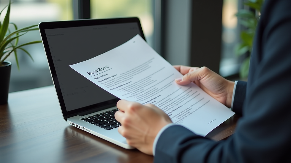 Close-up view of a recruiter reviewing a candidate’s resume on a laptop