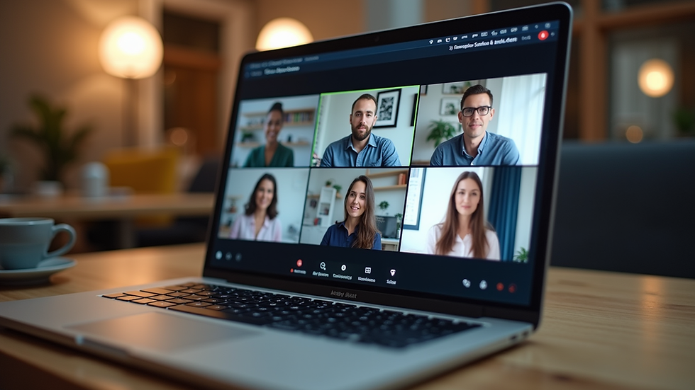 Eye-level view of a laptop screen showing a virtual team meeting