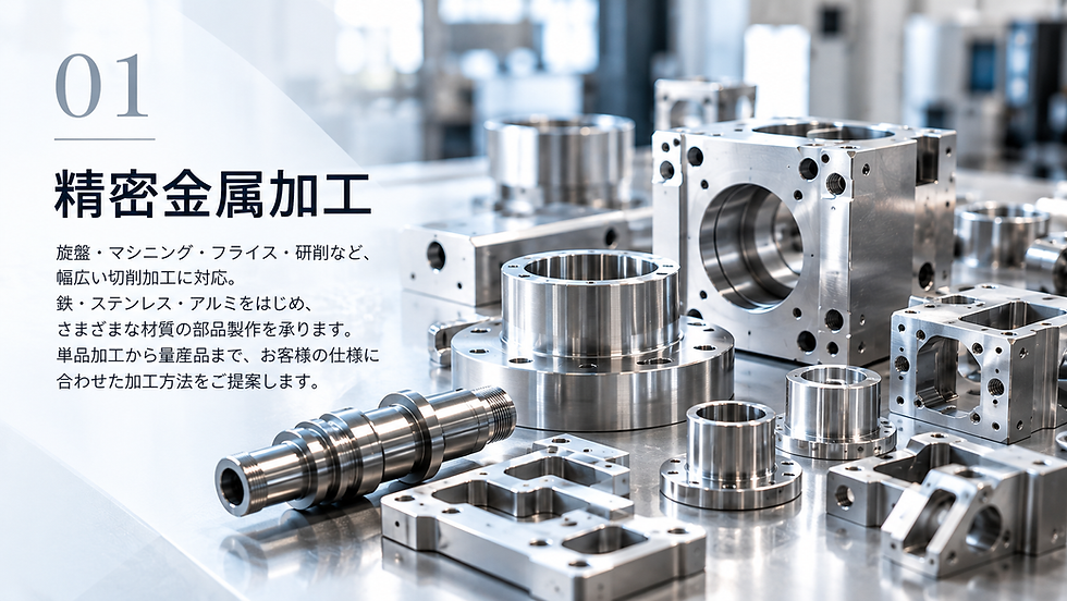 旋盤加工やマシニング加工による精密金属部品と切削加工のイメージ