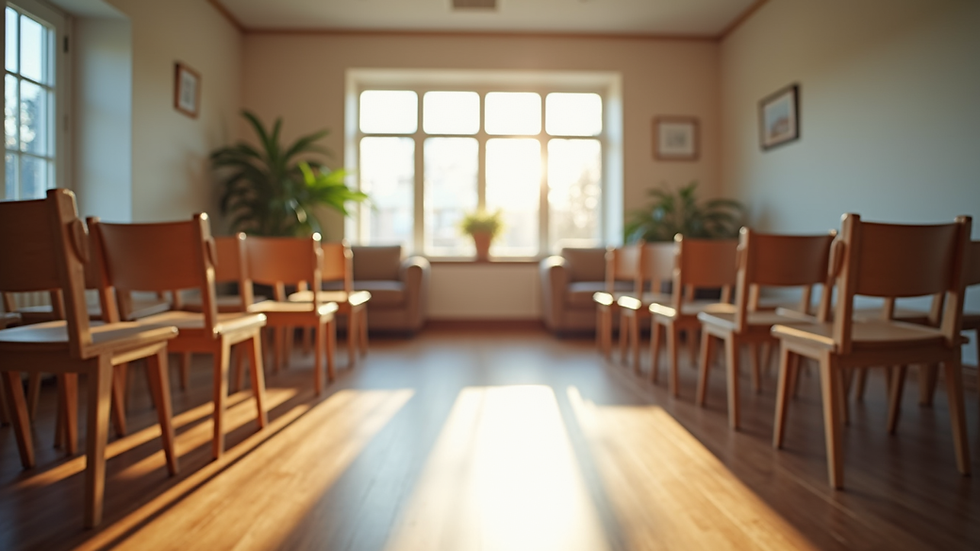 Eye-level view of a cozy community center room with chairs arranged in a circle
