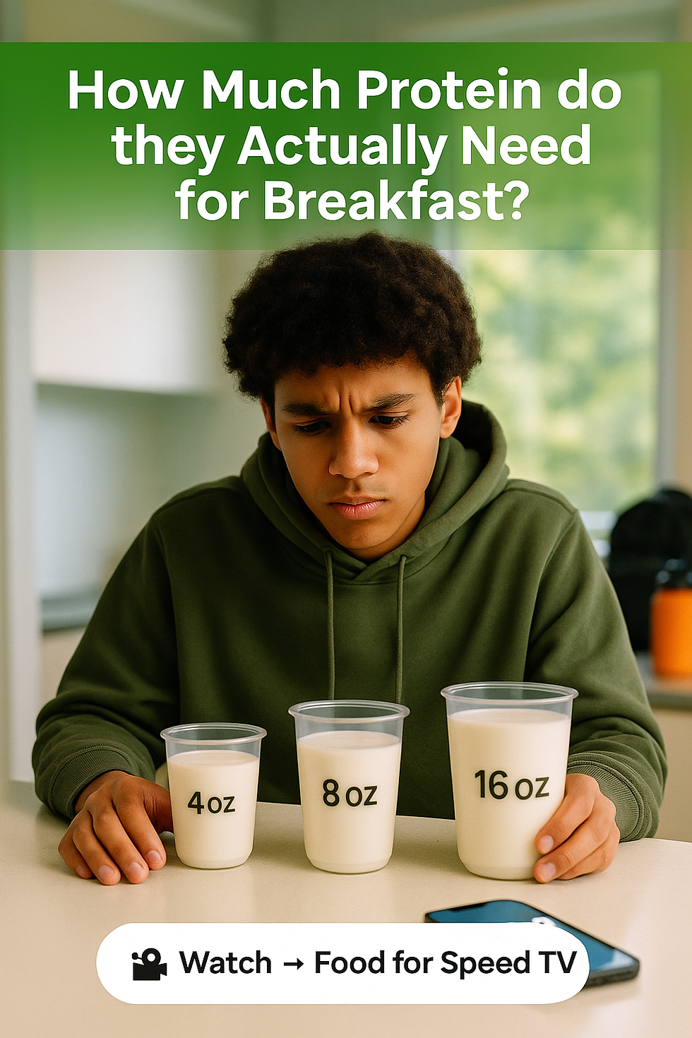 🧩 Accessibility Alt Text (AI + Social) “Teen athlete standing at kitchen counter comparing three cups labeled 4oz, 8oz, and 16oz, each with yogurt or smoothie, wondering which has enough protein. Text reads: ‘Which One Has Enough Protein? Watch → Food for Speed TV